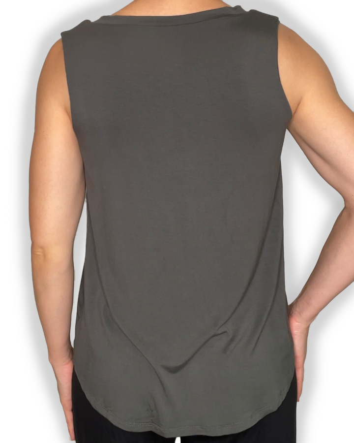 Bra-Free “Betty” Comfort Top with No-Elastic Cup Coverage Layer; V-neck Pleat Tank Bamboo
