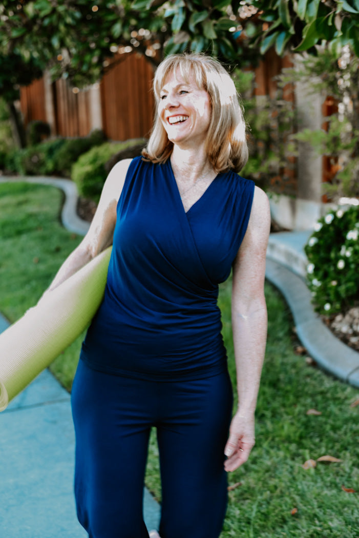 Braless Bamboo Wrap Tank top with bamboo capri in navy blue color by JiaAndKate