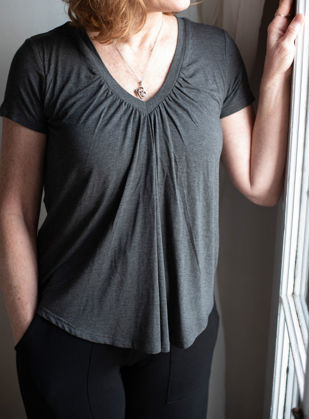 ALICIA Short-Sleeved Braless V-Neck Gather Front Bamboo Top