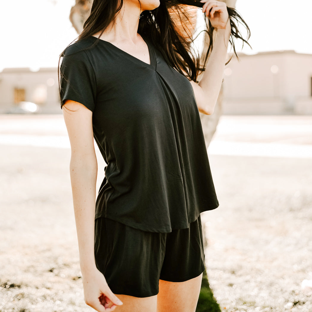 Model wearing Jia+Kate bamboo braless top, Rebecca style in color black. bra free but no one can see