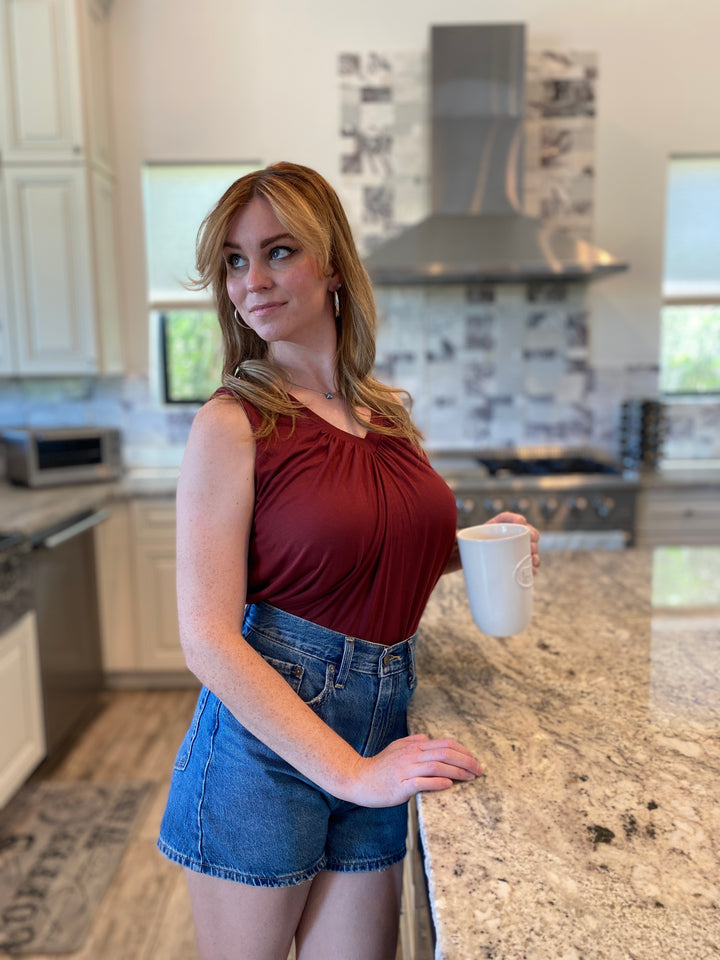 Model wearing Jia+Kate braless bamboo top in color maroon style Ashley with gather neckline