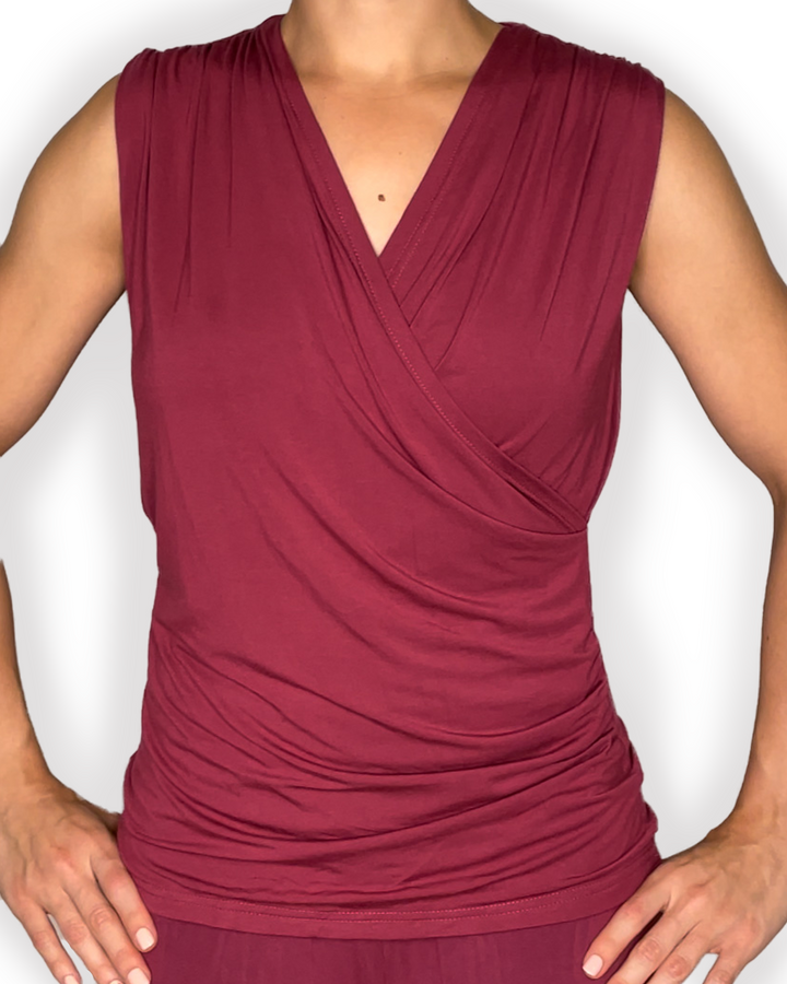 Stylish MELANIE Braless Bamboo Wrap Tank top in berry red color front view