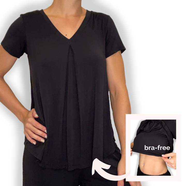 Bra-Free “Rebecca” Comfort Top with No-Elastic Cup Coverage Layer; V-neck Pleat Short Sleeve Bamboo