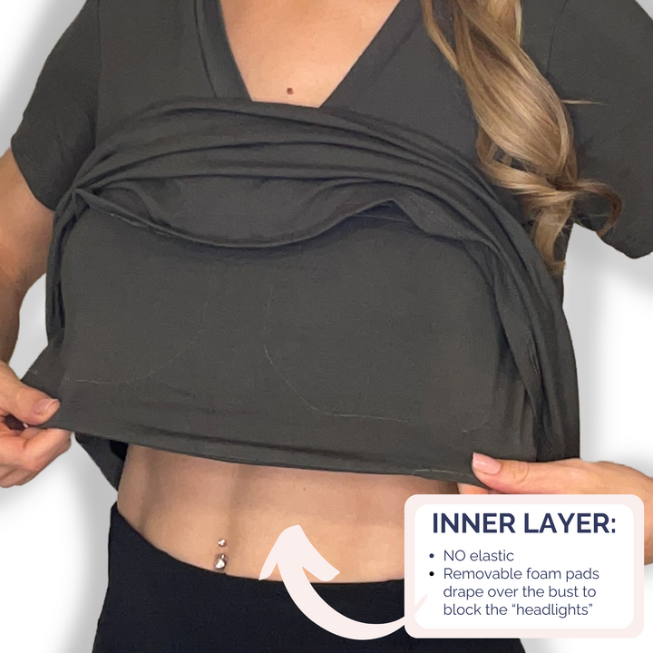 Bra-Free “Rebecca” Comfort Top with No-Elastic Cup Coverage Layer; V-neck Pleat Short Sleeve Bamboo