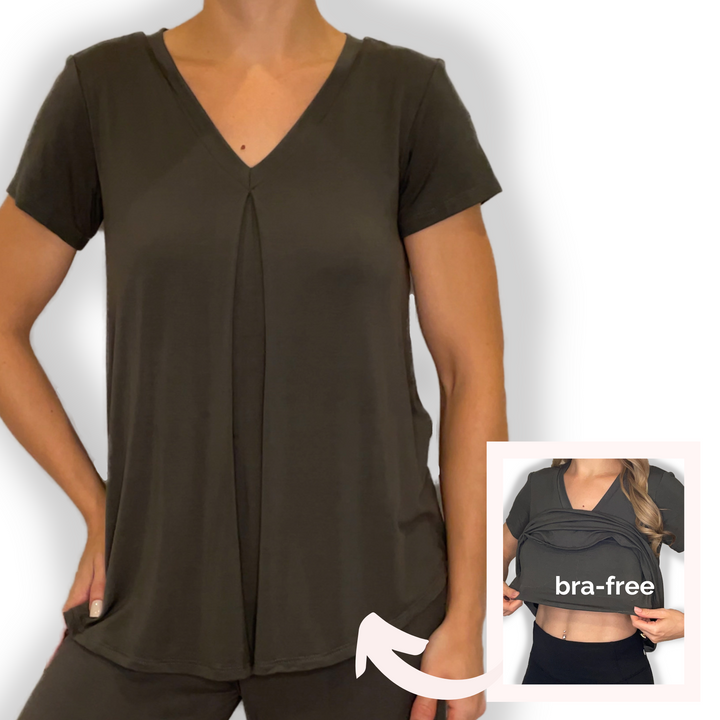Bra-Free “Rebecca” Comfort Top with No-Elastic Cup Coverage Layer; V-neck Pleat Short Sleeve Bamboo
