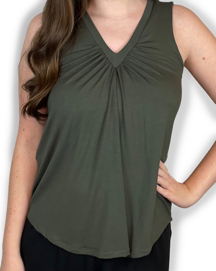 braless bamboo top in Olive color Ashley style front