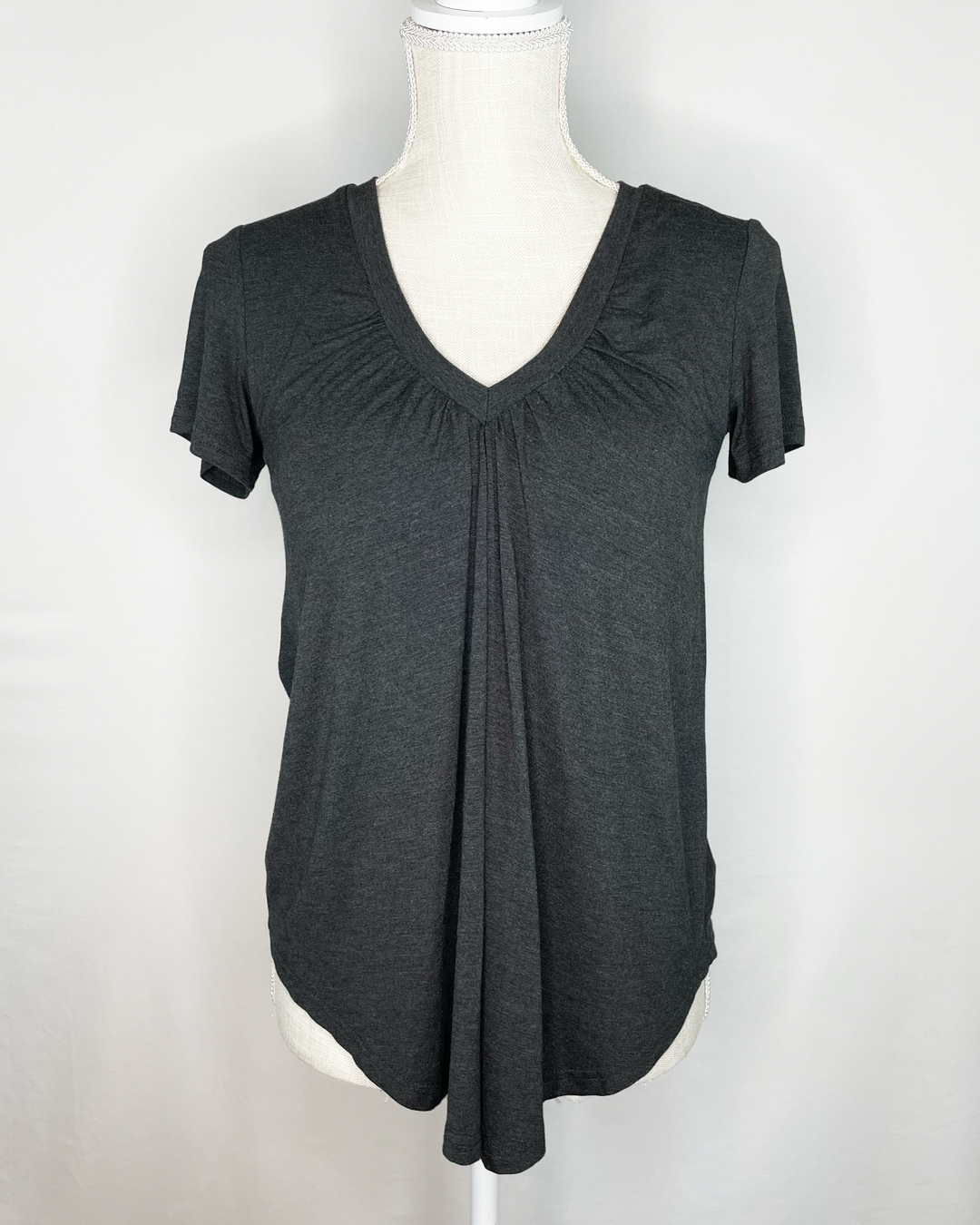 ALICIA Short-Sleeved Braless V-Neck Gather Front Bamboo Top front view - Charcoal color 