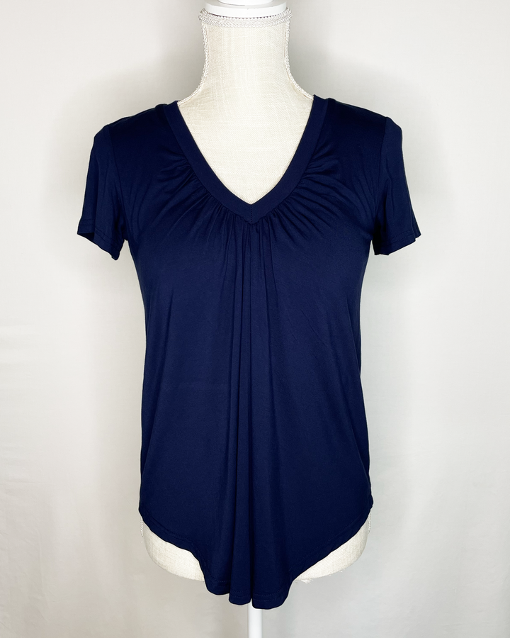 ALICIA Short-Sleeved Braless V-Neck Gather Front Bamboo Top front view - True Navy color 