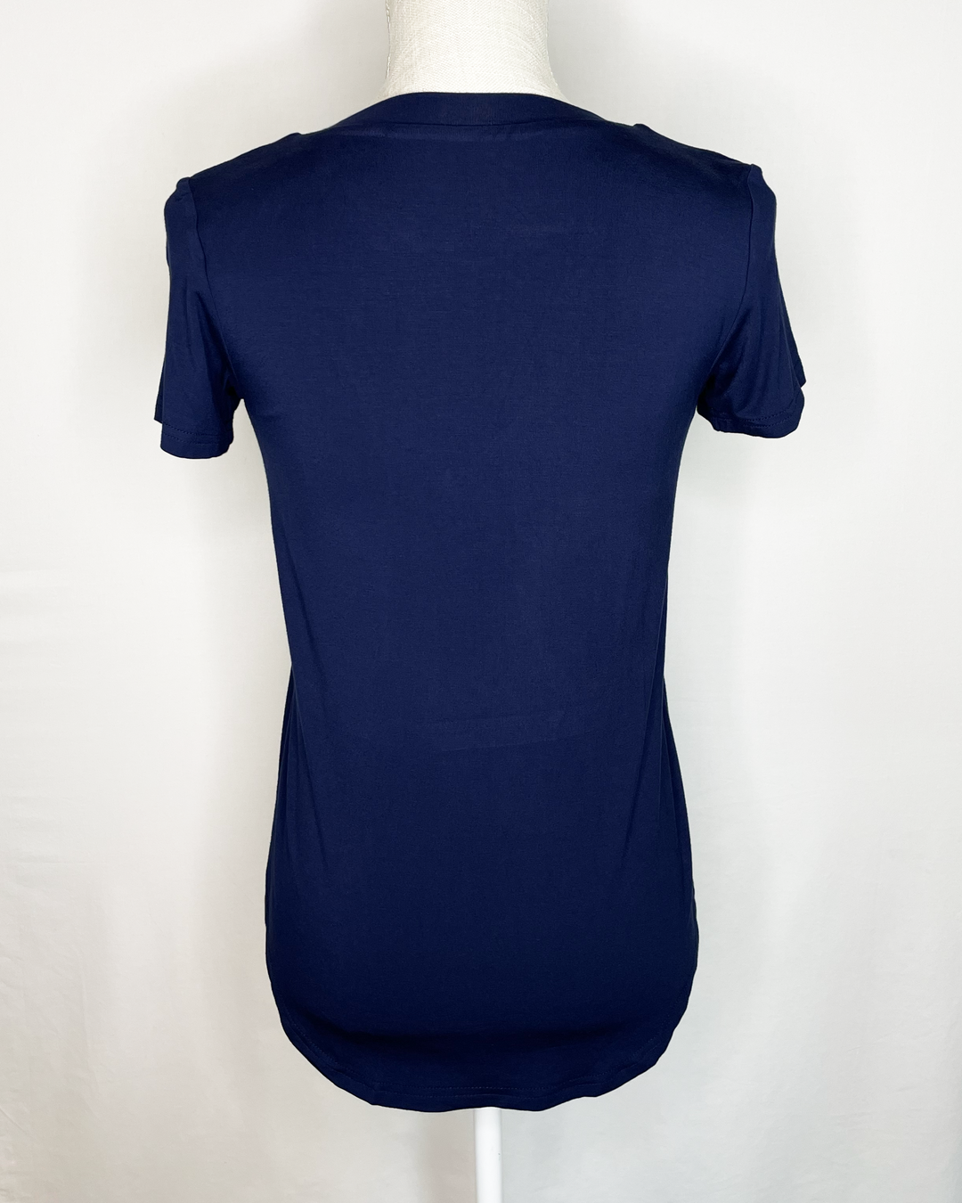 ALICIA Short-Sleeved Braless V-Neck Gather Front Bamboo Top back view - True Navy color 
