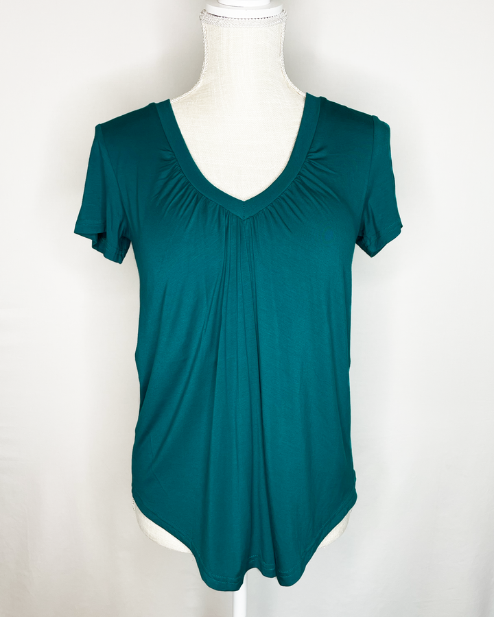 ALICIA Short-Sleeved Braless V-Neck Gather Front Bamboo Top front view - Teal color 