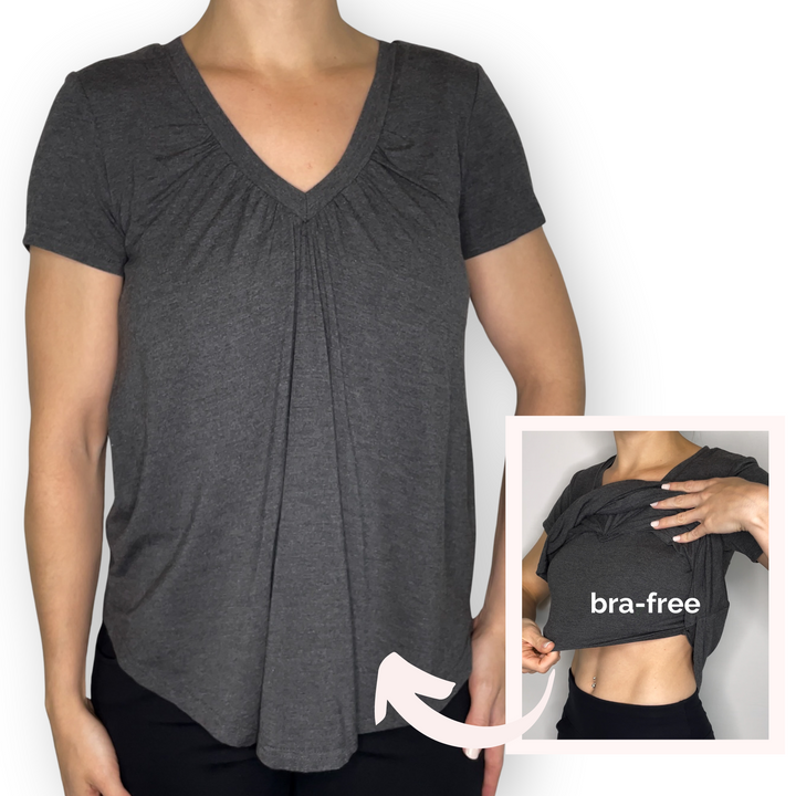 Bra-Free “Alicia” Comfort Top with No-Elastic Cup Coverage Layer; V-neck Gather Short Sleeve Bamboo