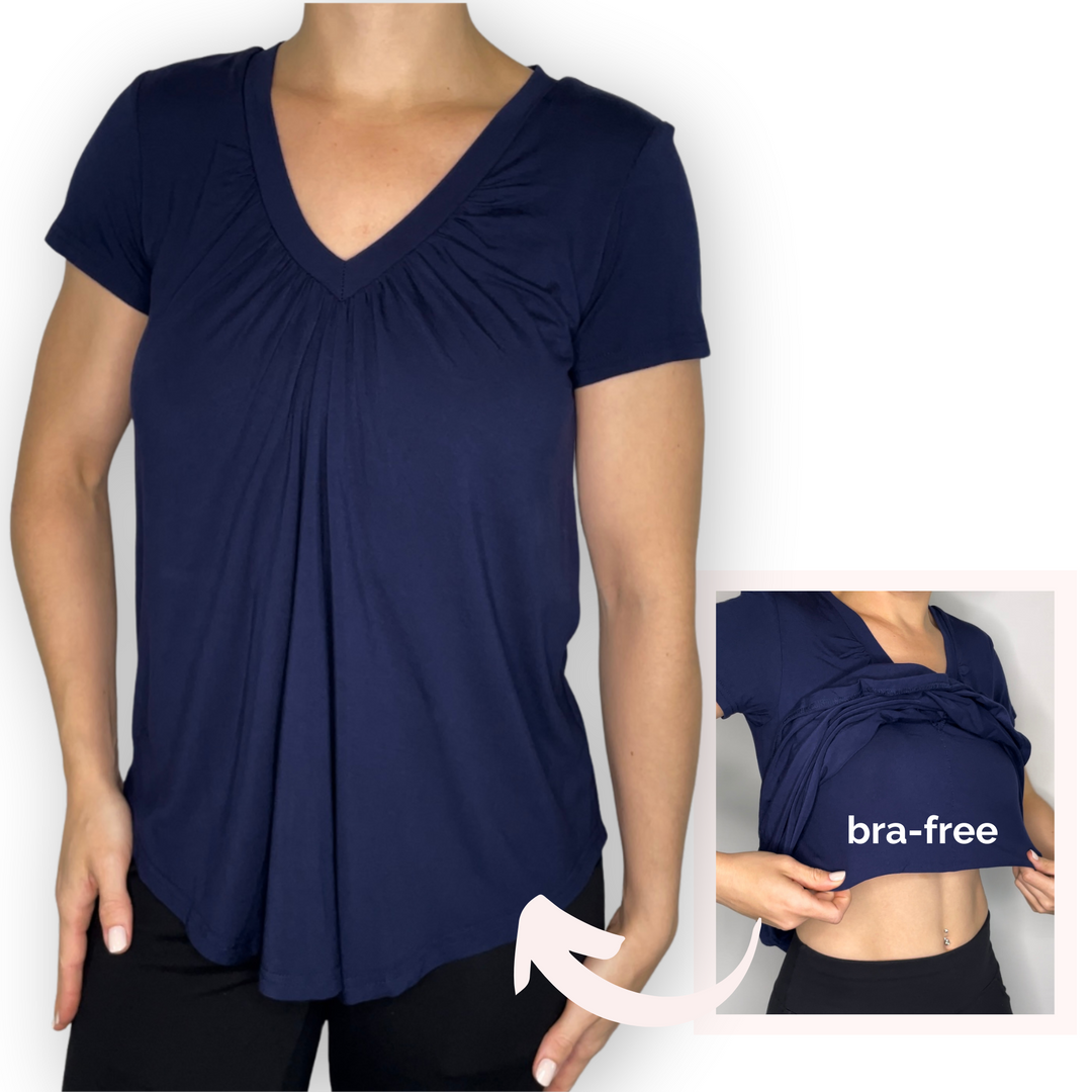 Bra-Free “Alicia” Comfort Top with No-Elastic Cup Coverage Layer; V-neck Gather Short Sleeve Bamboo