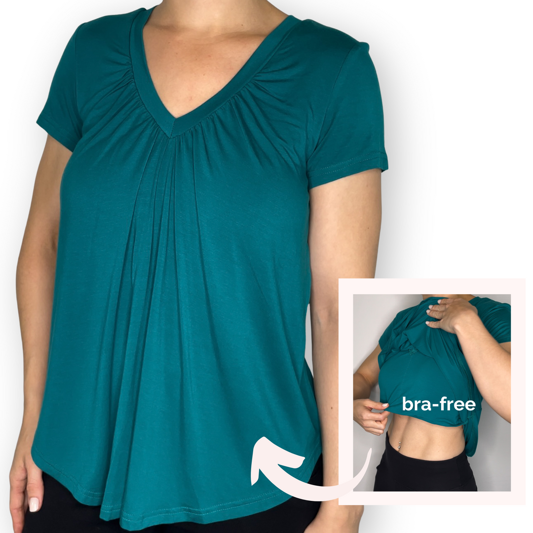 Bra-Free “Alicia” Comfort Top with No-Elastic Cup Coverage Layer; V-neck Gather Short Sleeve Bamboo