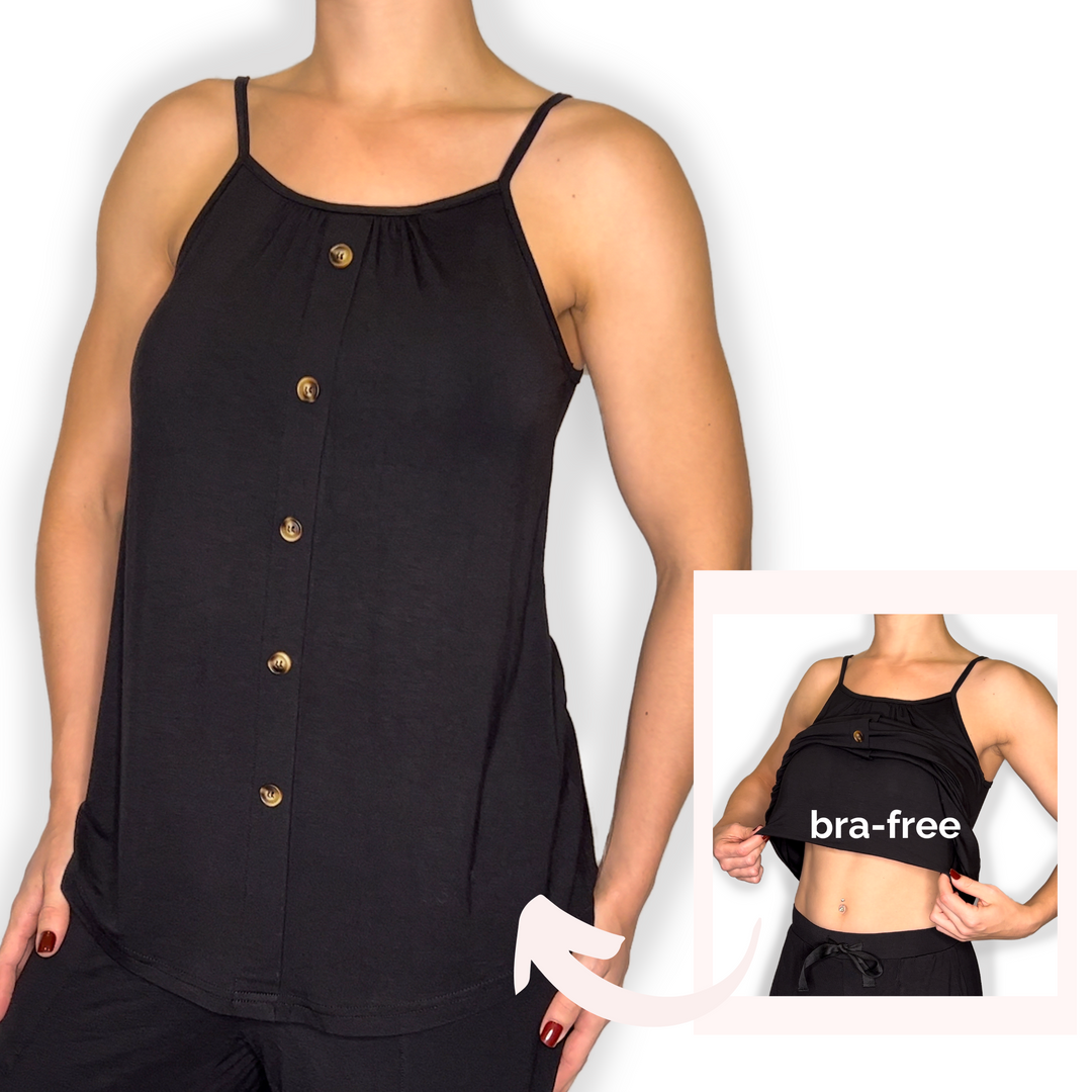 Bra-Free “Amy” Comfort Top with No-Elastic Cup Coverage Layer; Button Tank Bamboo