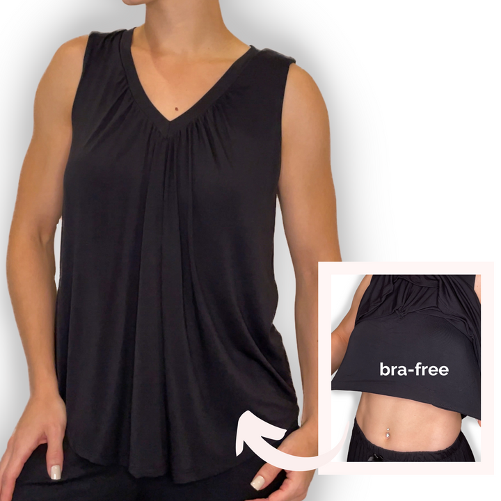 Bra-Free “Ashley” Comfort Top with No-Elastic Cup Coverage Layer; V-neck Gather Tank Bamboo