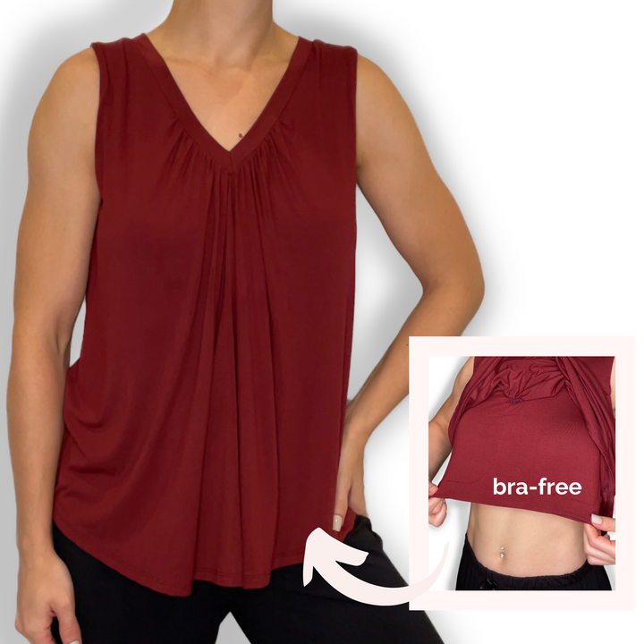 Bra-Free “Ashley” Comfort Top with No-Elastic Cup Coverage Layer; V-neck Gather Tank Bamboo