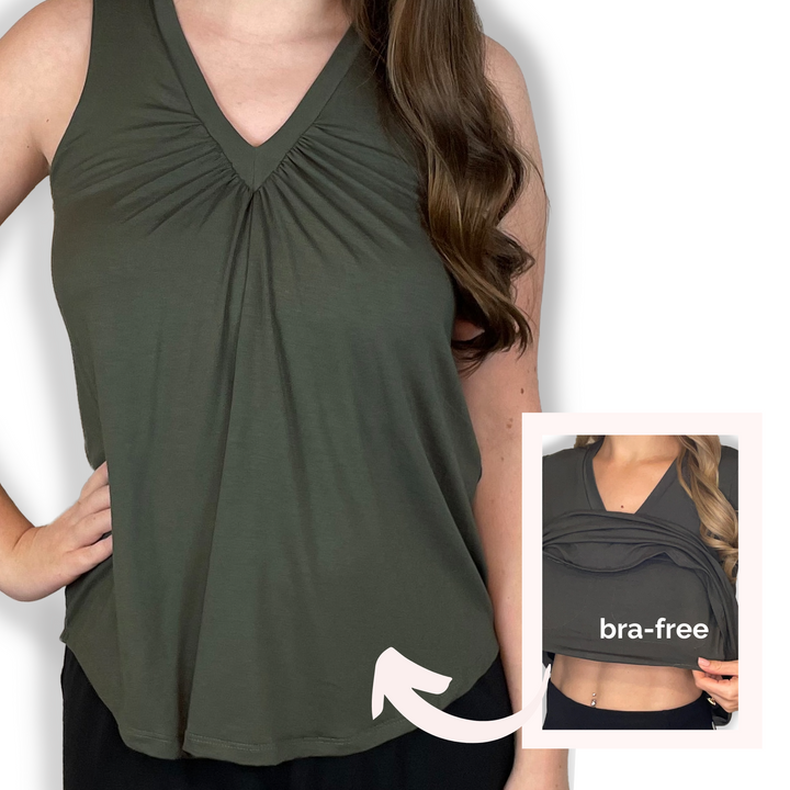 Bra-Free “Ashley” Comfort Top with No-Elastic Cup Coverage Layer; V-neck Gather Tank Bamboo