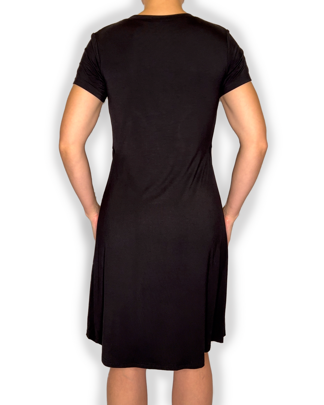 Bra-Free Bea Comfort Dress with No-Elastic Cup Coverage Layer; V-Neck Pleat Waist Short Sleeve Bamboo L / Black Bra-Free Bea Comfort Dress with No-Elastic Cup Coverage Layer; V-Neck Pleat Waist Short Sleeve Bamboo L / Black