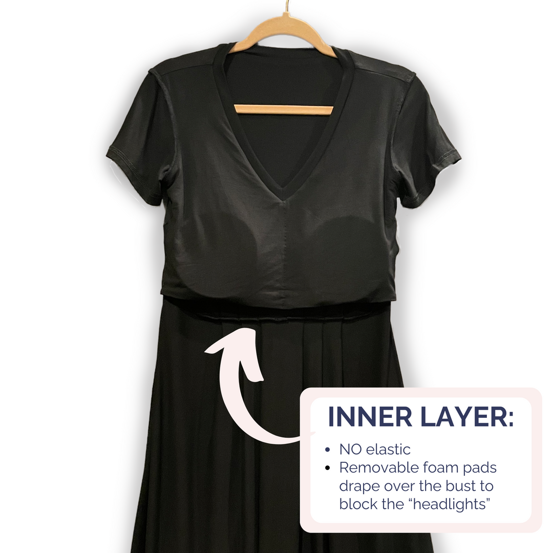 Bra-Free “Bea” Comfort Dress with No-Elastic Cup Coverage Layer; V-Neck Pleat Waist Short Sleeve Bamboo L / Black Bra-Free “Bea” Comfort Dress with No-Elastic Cup Coverage Layer; V-Neck Pleat Waist Short Sleeve Bamboo L / Black