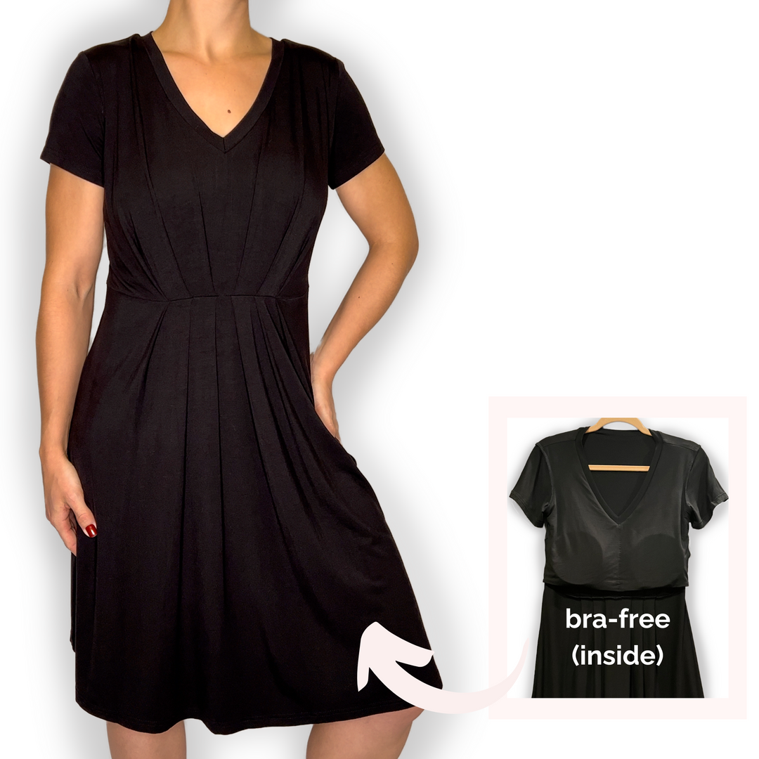 Bra-Free “Bea” Comfort Dress with No-Elastic Cup Coverage Layer; V-Neck Pleat Waist Short Sleeve Bamboo