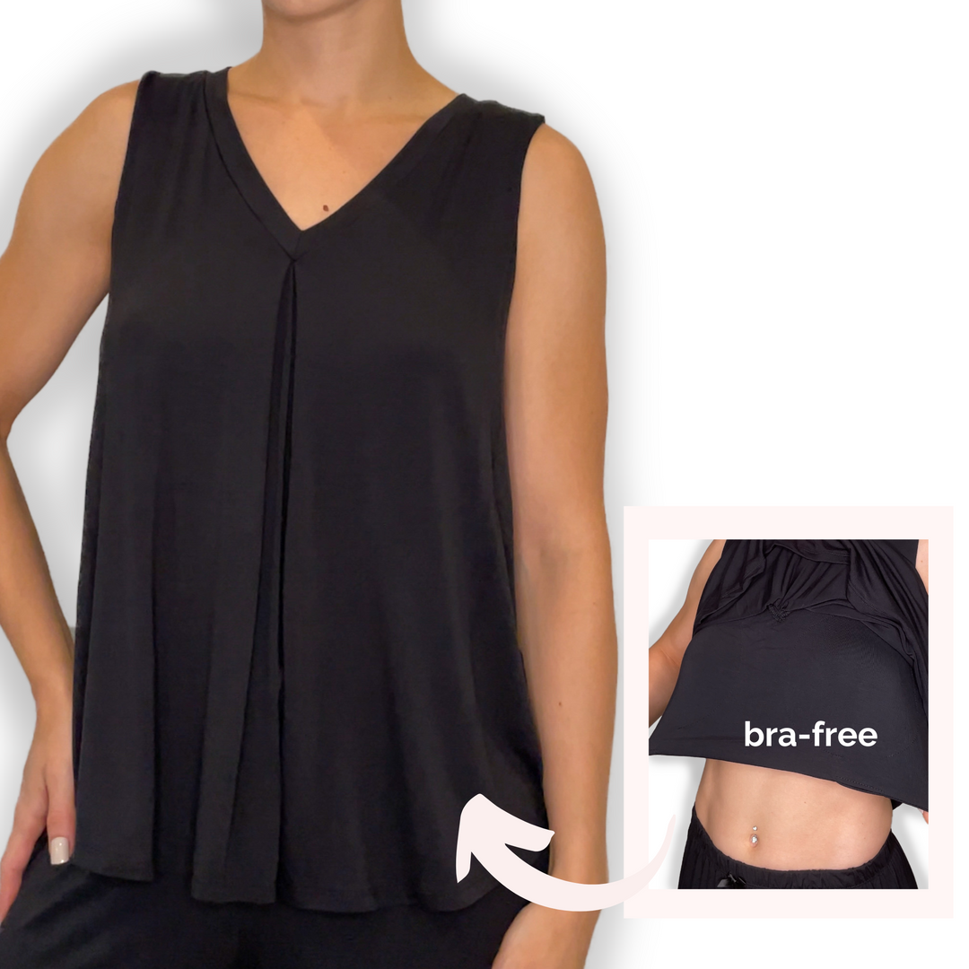 Bra-Free “Betty” Comfort Top with No-Elastic Cup Coverage Layer; V-neck Pleat Tank Bamboo