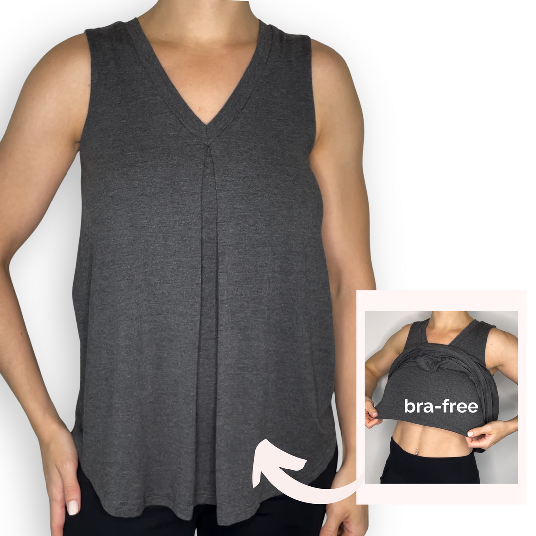 Bra-Free “Betty” Comfort Top with No-Elastic Cup Coverage Layer; V-neck Pleat Tank Bamboo