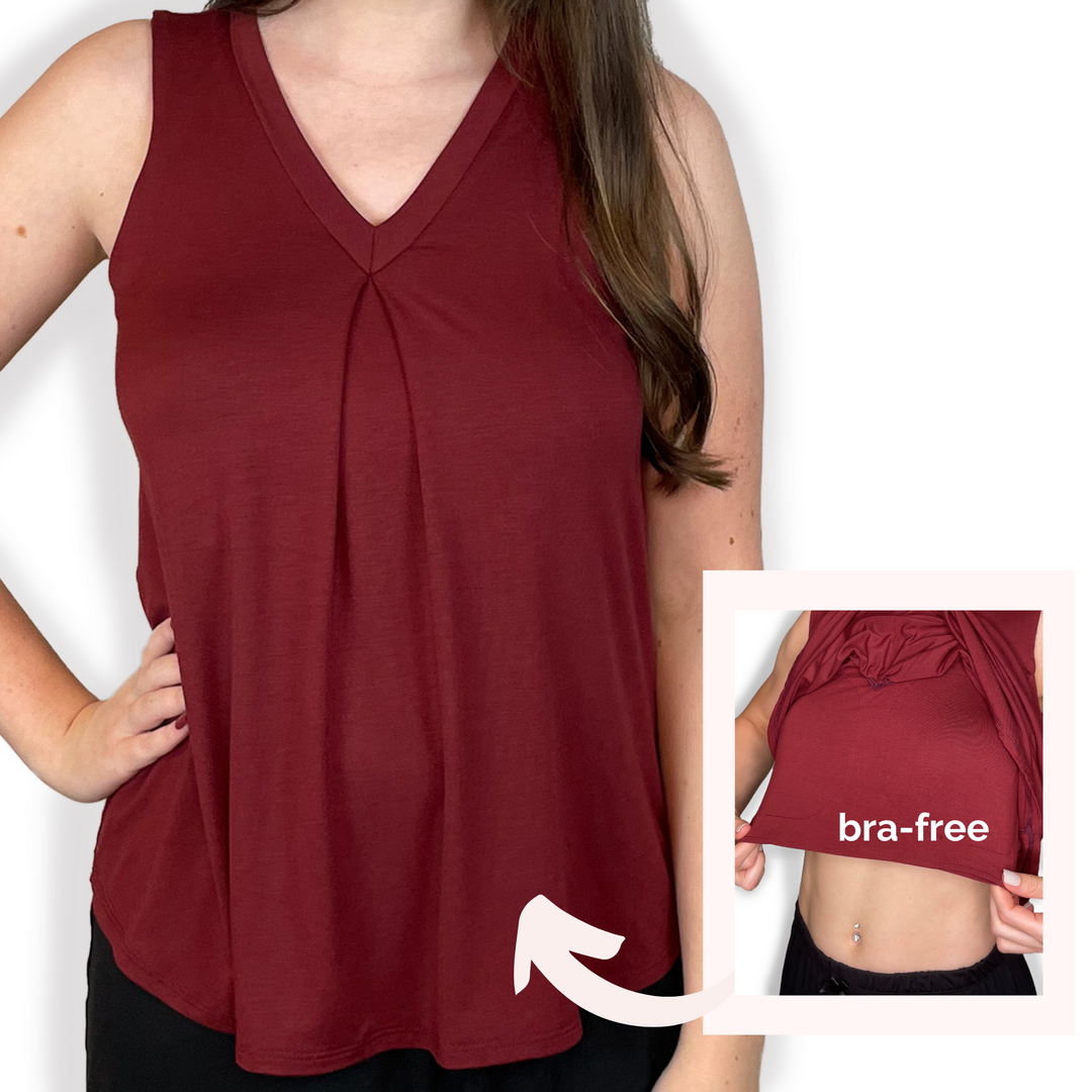 Bra-Free “Betty” Comfort Top with No-Elastic Cup Coverage Layer; V-neck Pleat Tank Bamboo