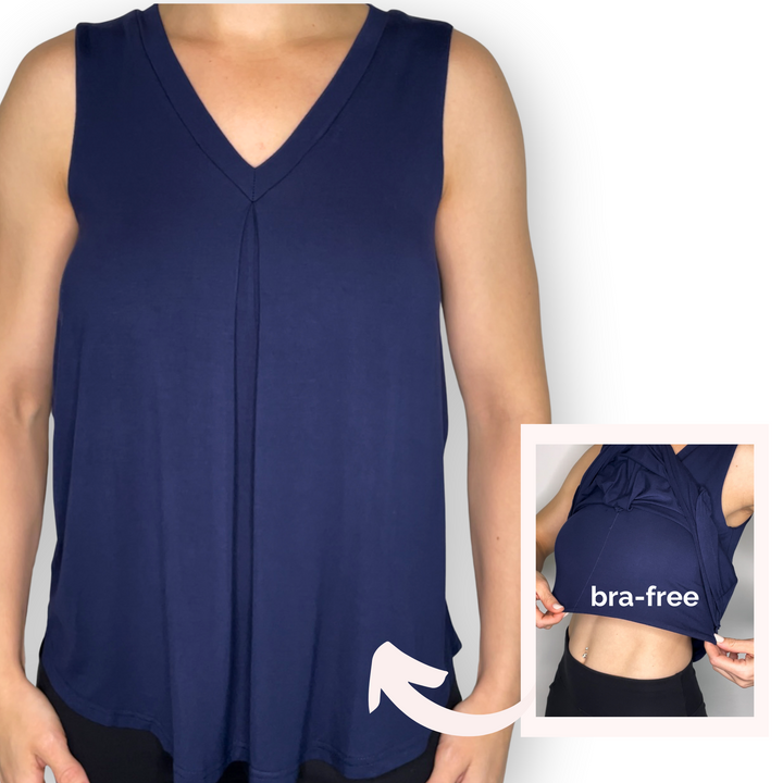 Bra-Free “Betty” Comfort Top with No-Elastic Cup Coverage Layer; V-neck Pleat Tank Bamboo