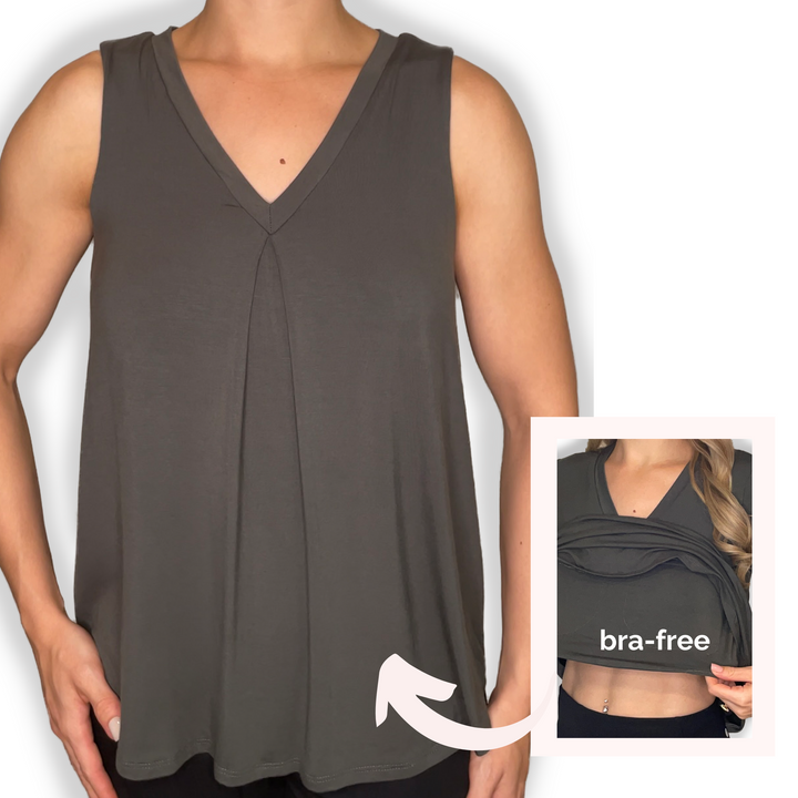 Bra-Free “Betty” Comfort Top with No-Elastic Cup Coverage Layer; V-neck Pleat Tank Bamboo