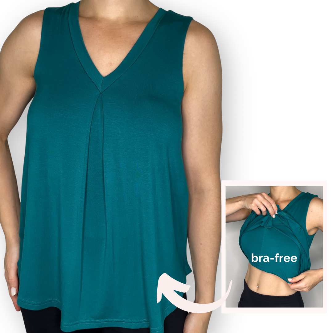 Bra-Free “Betty” Comfort Top with No-Elastic Cup Coverage Layer; V-neck Pleat Tank Bamboo