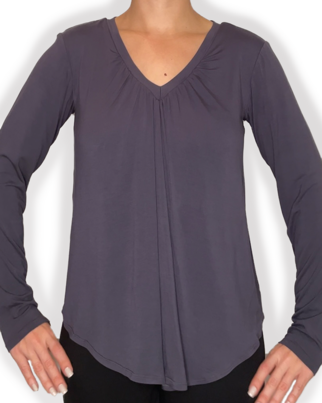 Collection DARCI of Bamboo Long Sleeve Tops in dusty navy color front view