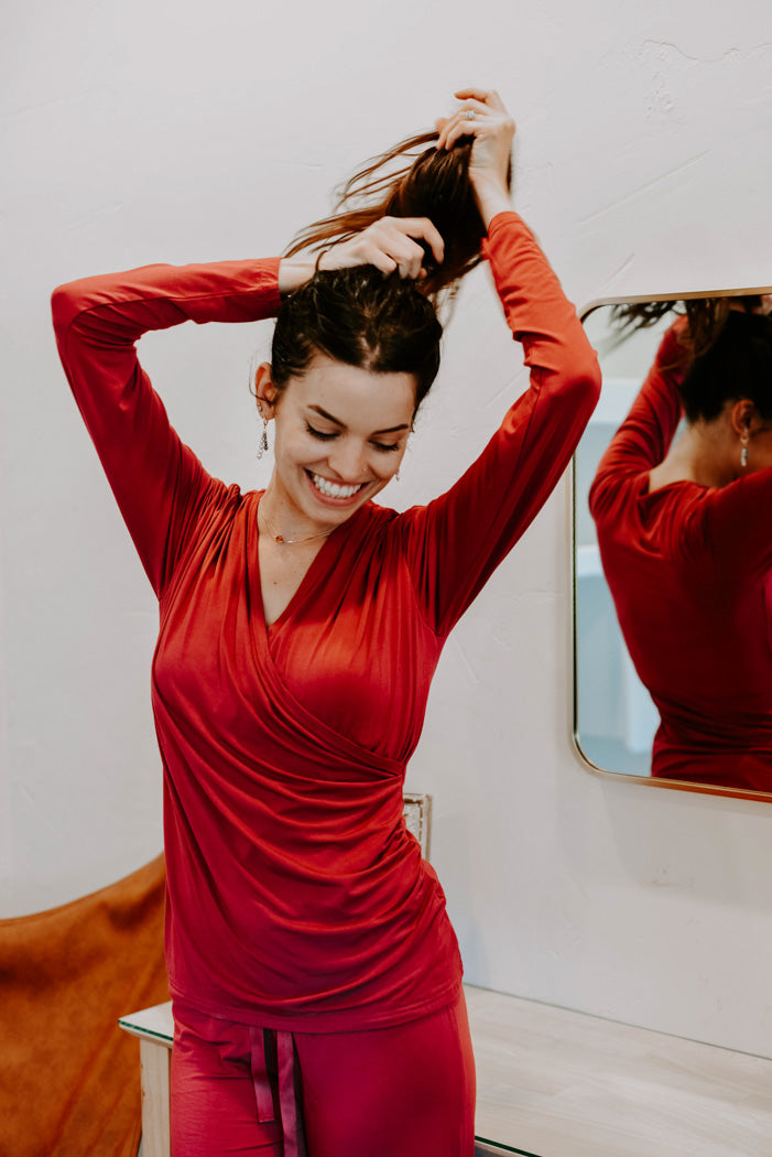 jia and kate ROSIE Braless Bamboo Wrap Top with bamboo pajama Long Sleeve in red color