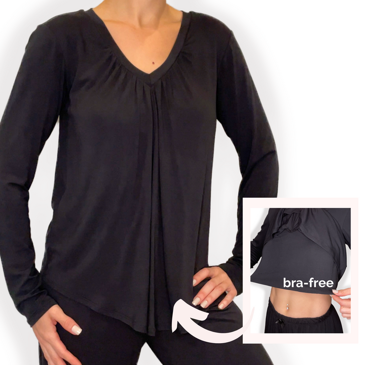 Bra-Free “Darci” Comfort Top with No-Elastic Cup Coverage Layer; V-neck Gather Long Sleeve Bamboo