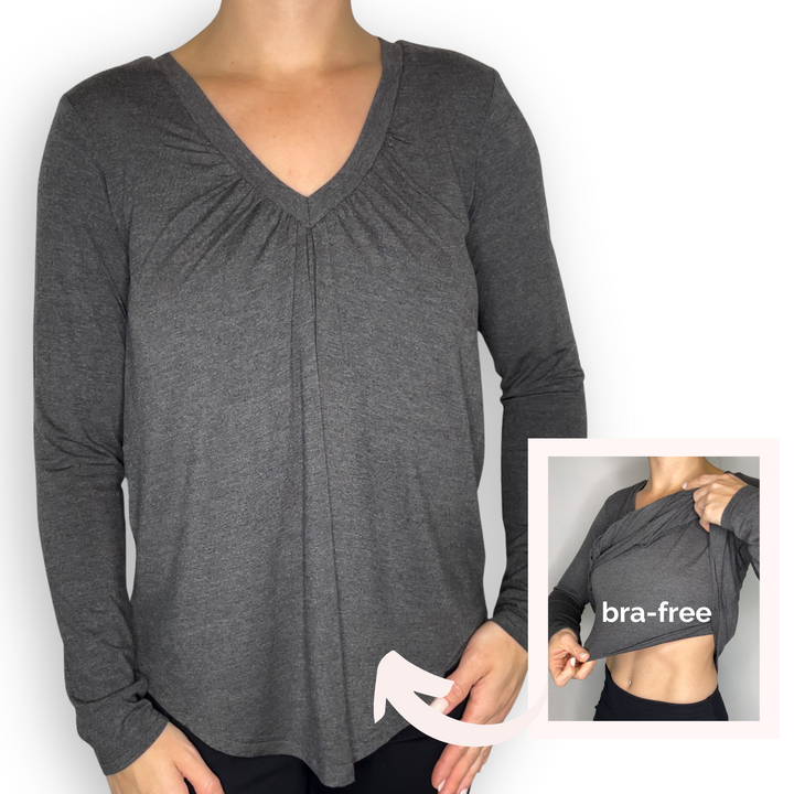 Bra-Free “Darci” Comfort Top with No-Elastic Cup Coverage Layer; V-neck Gather Long Sleeve Bamboo