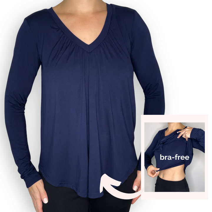 Bra-Free “Darci” Comfort Top with No-Elastic Cup Coverage Layer; V-neck Gather Long Sleeve Bamboo