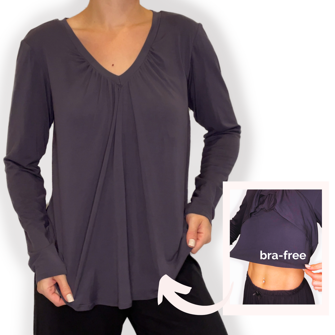 Bra-Free “Darci” Comfort Top with No-Elastic Cup Coverage Layer; V-neck Gather Long Sleeve Bamboo