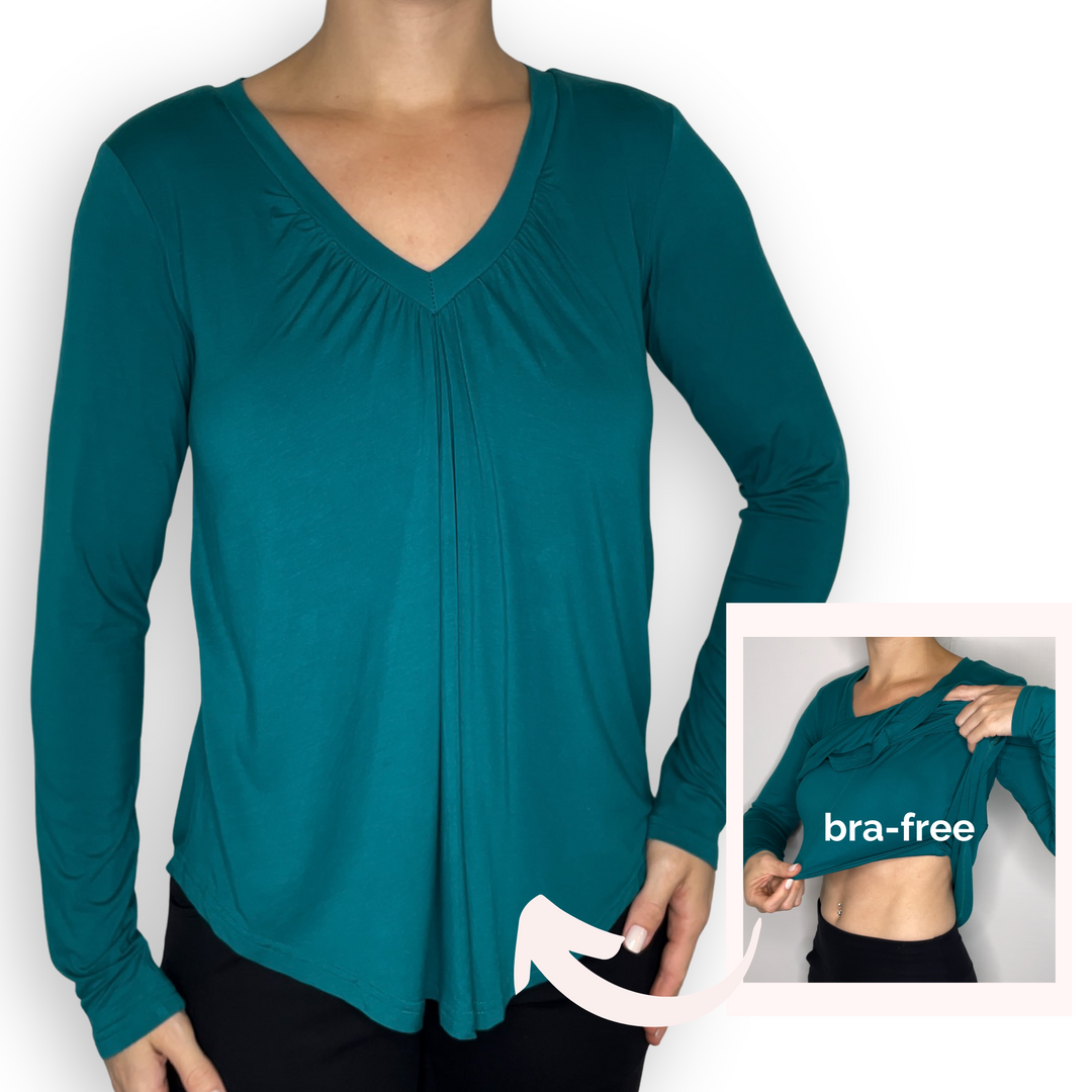 Bra-Free “Darci” Comfort Top with No-Elastic Cup Coverage Layer; V-neck Gather Long Sleeve Bamboo