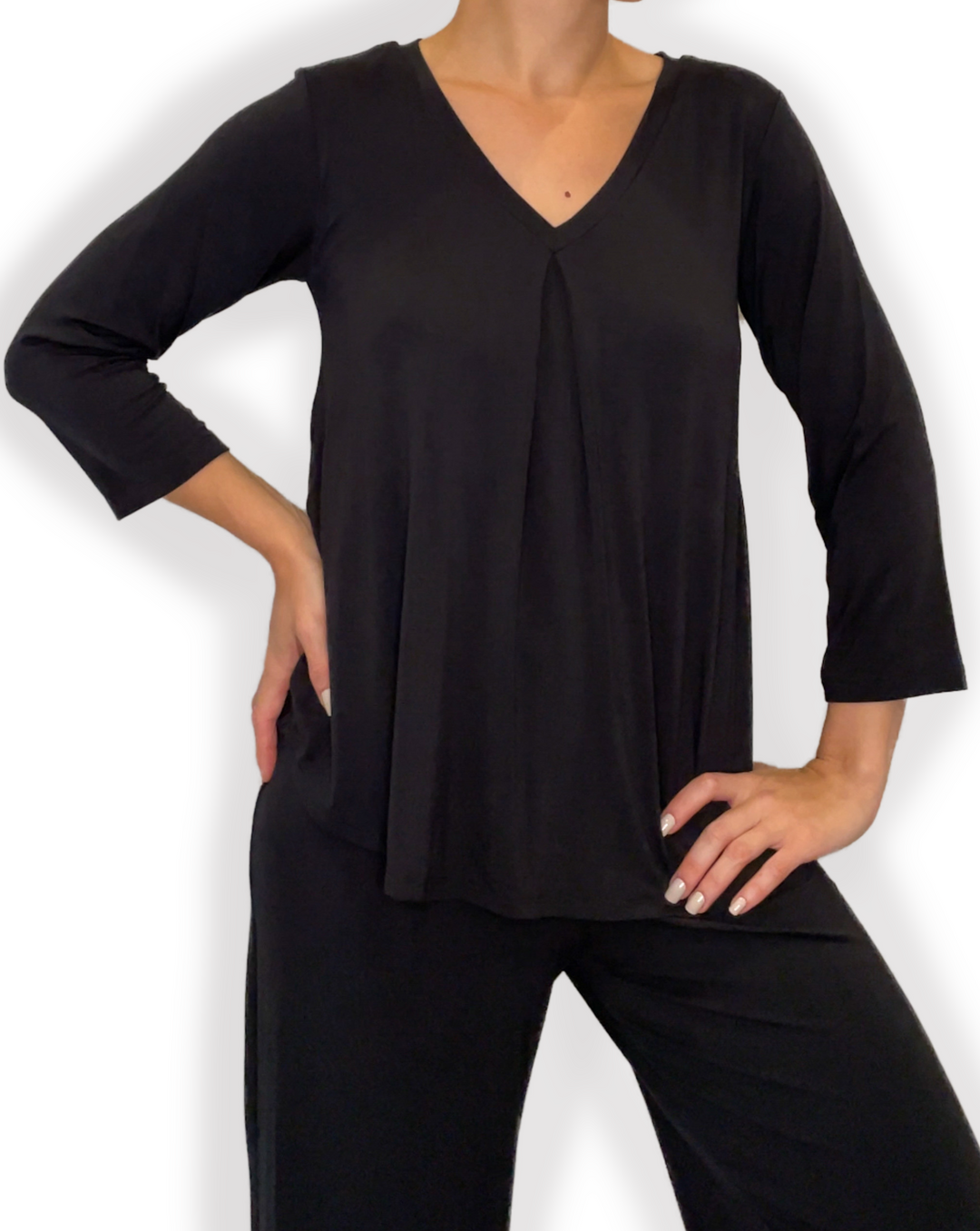 EILEEN Braless Bamboo 3/4 Sleeve Top with center inverted pleat design in black color