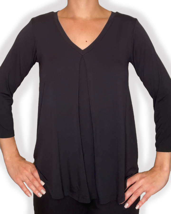 EILEEN Braless Bamboo 3/4 Sleeve Top with center inverted pleat design in black color front view