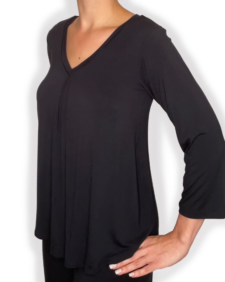EILEEN Braless Bamboo 3/4 Sleeve Top with center inverted pleat design in black color side view