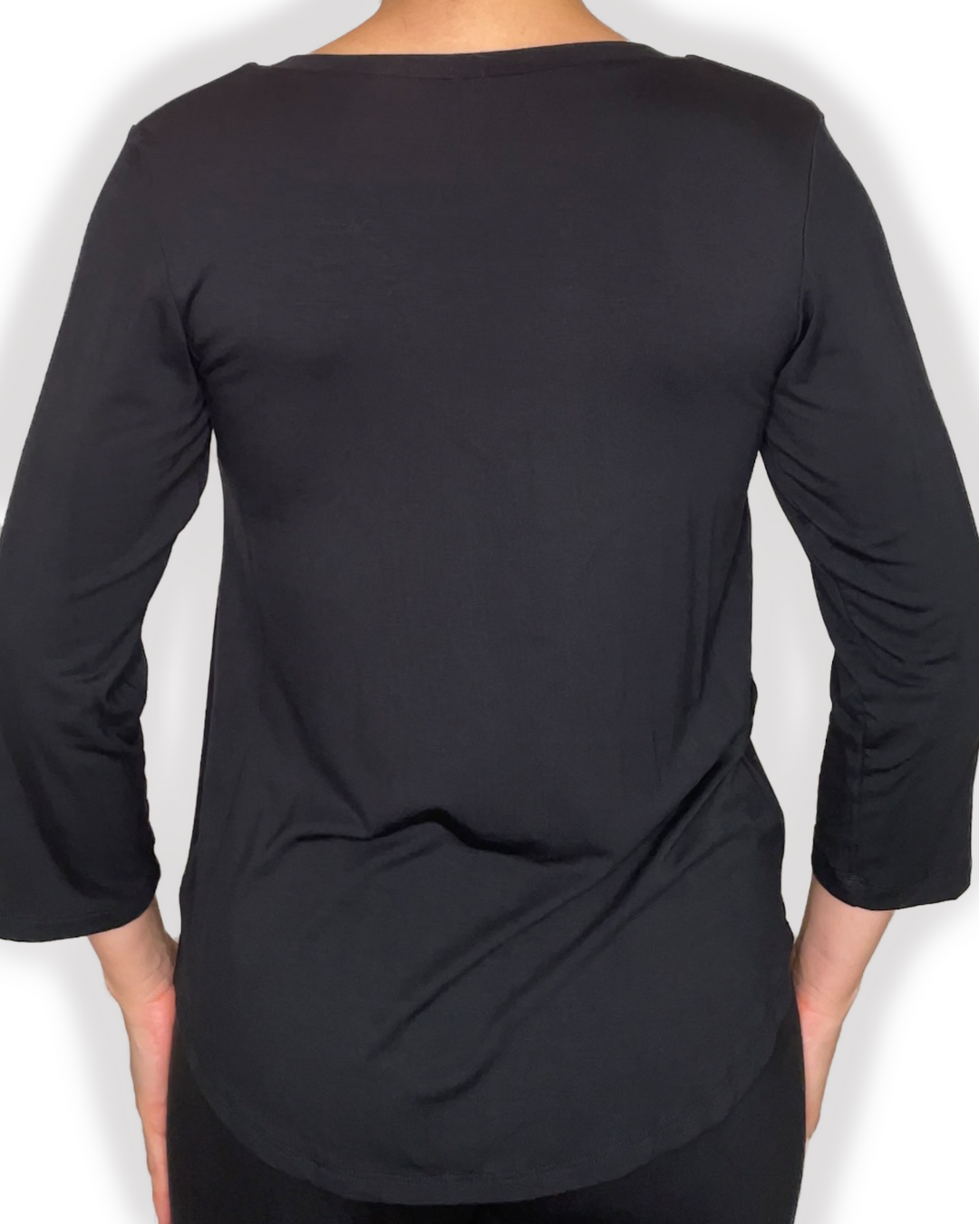 EILEEN Braless Bamboo 3/4 Sleeve Top with center inverted pleat design in black color back view