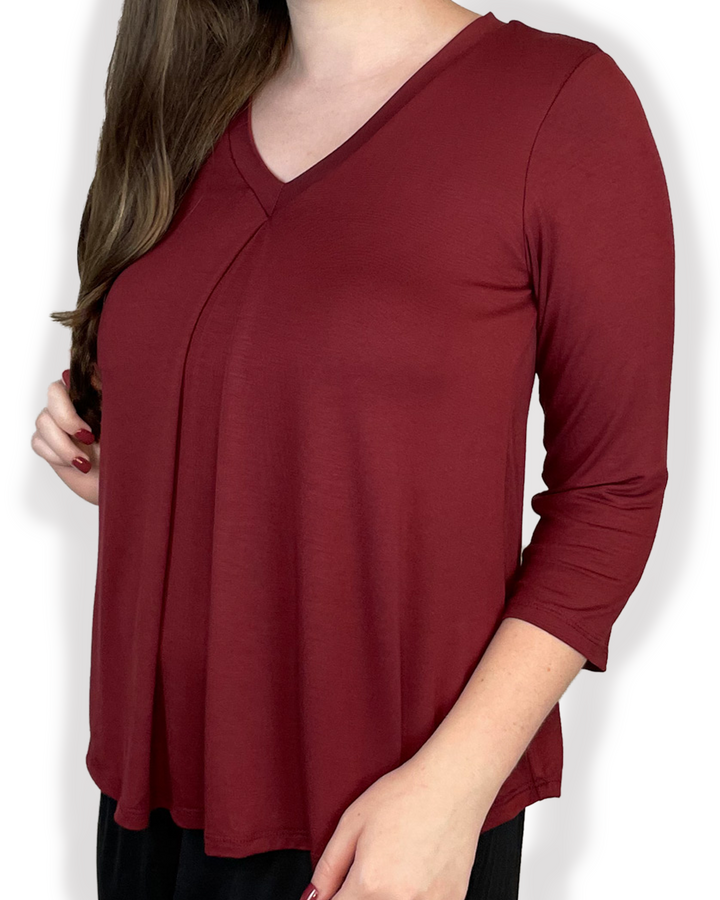 EILEEN Braless Bamboo 3/4 Sleeve Top with center inverted pleat design in maroon color side view