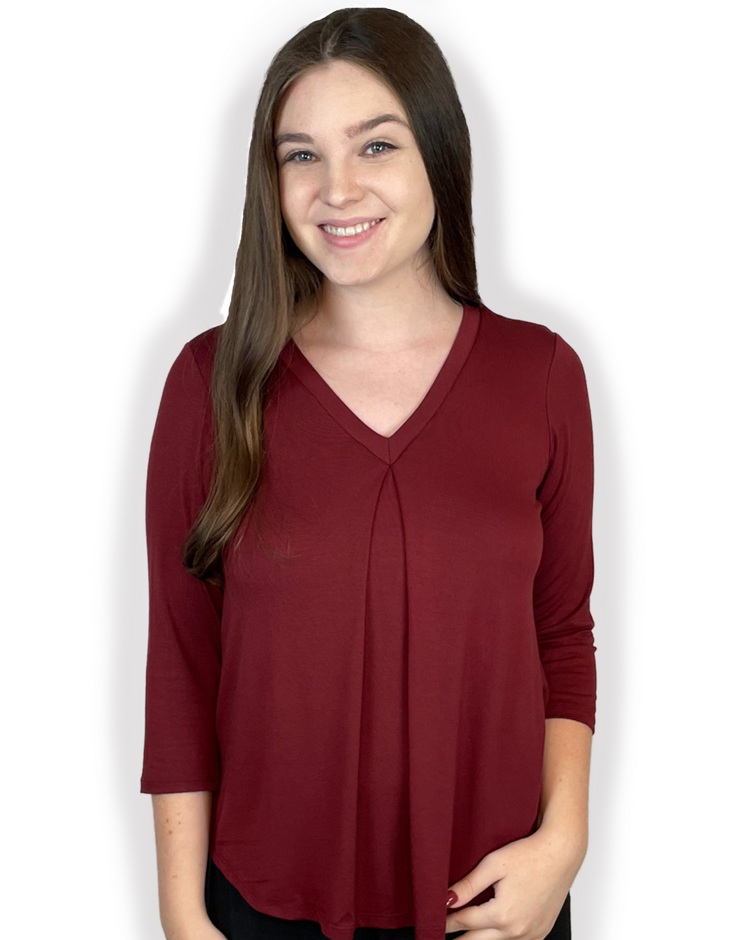 EILEEN Braless Bamboo 3/4 Sleeve Top with center inverted pleat design in maroon color front view