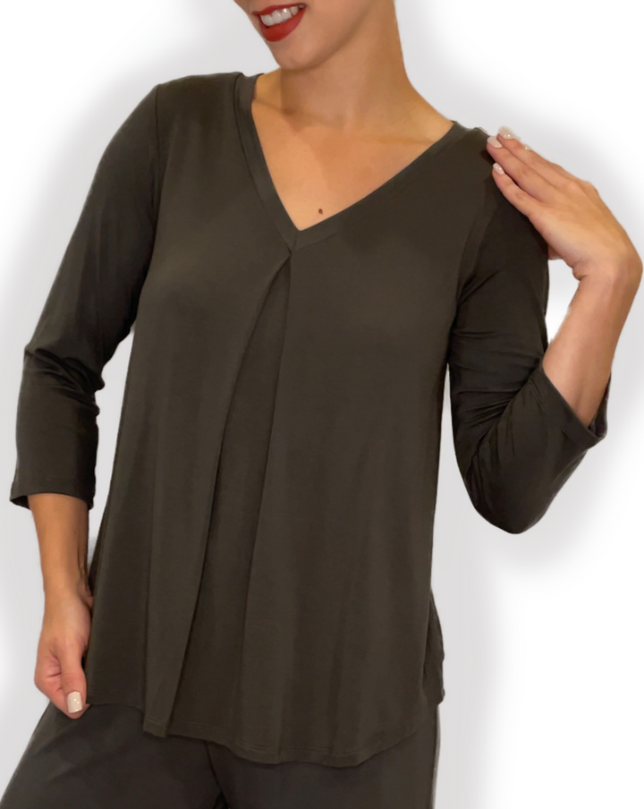 EILEEN Braless Bamboo 3/4 Sleeve Top with center inverted pleat design in olive color