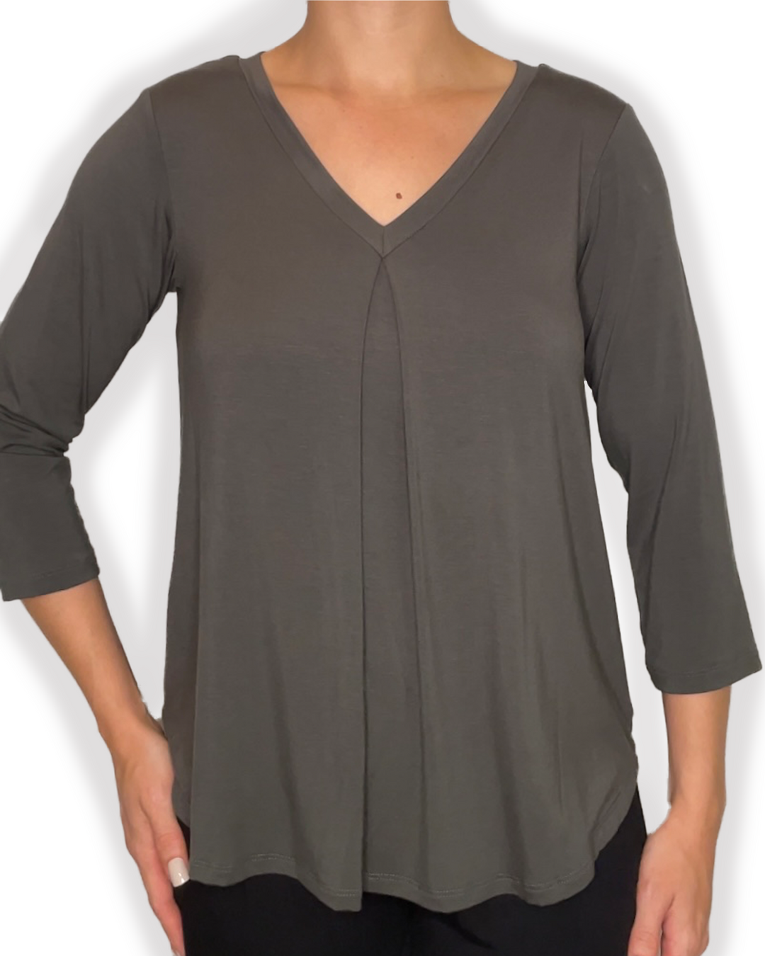 EILEEN Braless Bamboo 3/4 Sleeve Top with center inverted pleat design in olive color front view