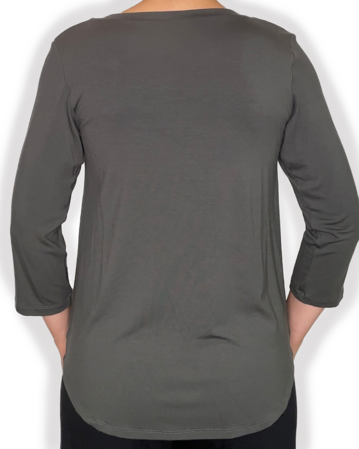 EILEEN Braless Bamboo 3/4 Sleeve Top with center inverted pleat design in olive color back view