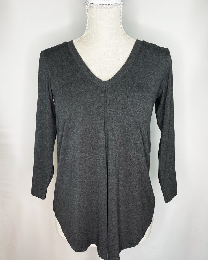 EILEEN V-Pleat Braless Bamboo 3/4 Sleeve Top front view - Charcoal color