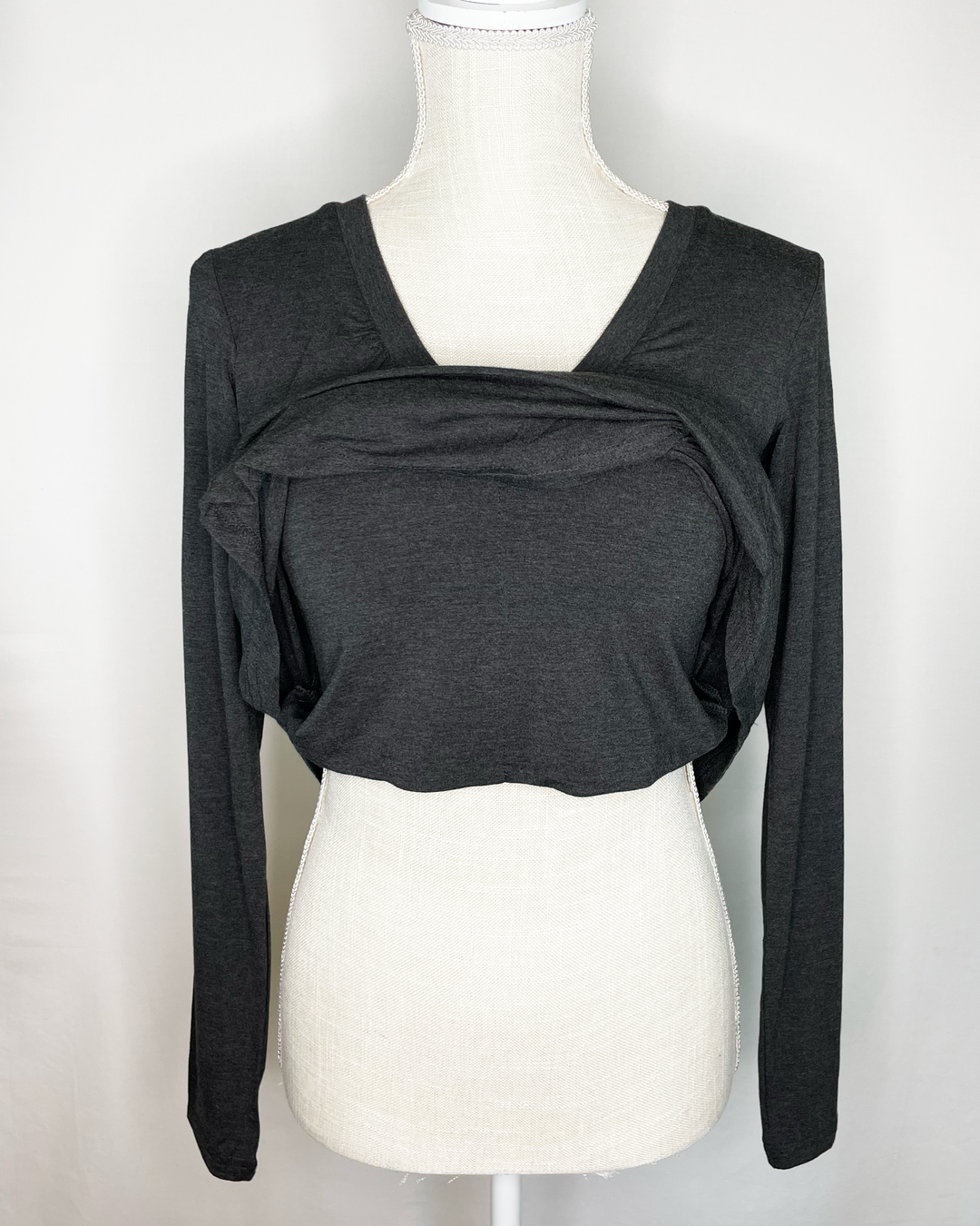 EILEEN V-Pleat Braless Bamboo 3/4 Sleeve Top inner layer view - Charcoal color
