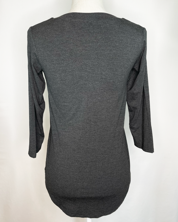 EILEEN V-Pleat Braless Bamboo 3/4 Sleeve Top back view - Charcoal color