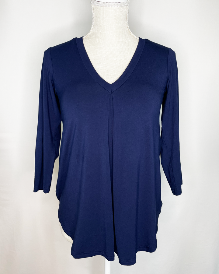 EILEEN V-Pleat Braless Bamboo 3/4 Sleeve Top front view - True Navy color